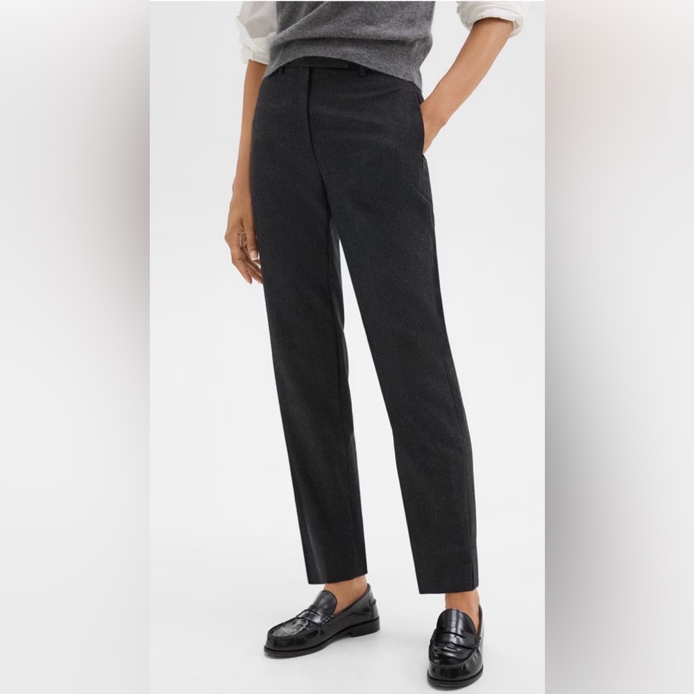 Theory Tapered High-Waist Pant in Sleek Flannel New Charcoal Melange Wool Size 4